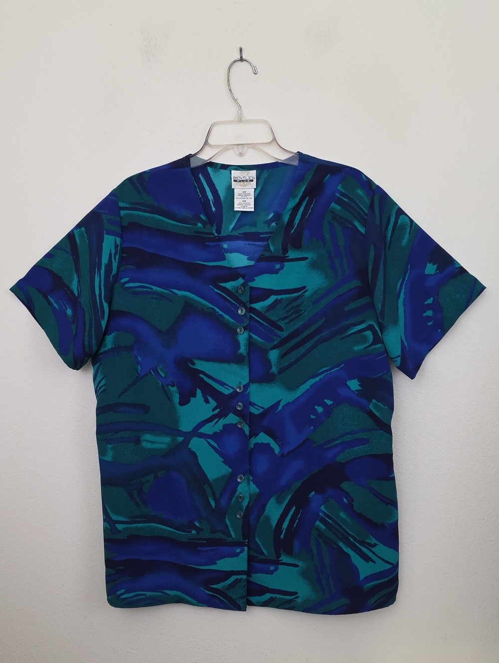 Bentley Plus Blue & Green Watercolor Short Sleeve Button Top 16W